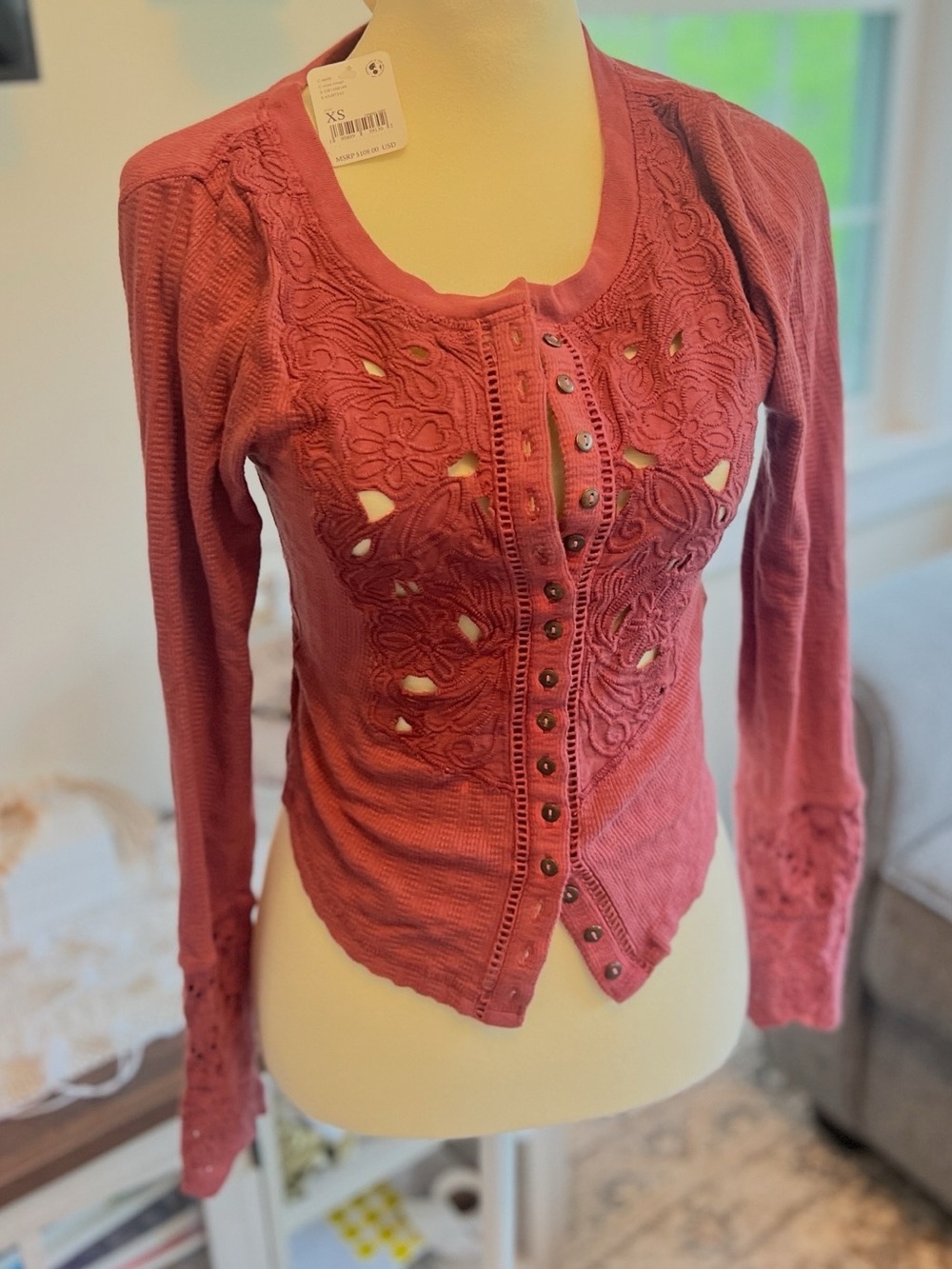 Free People Dusty Rose Crochet Button-Front Cardigan
